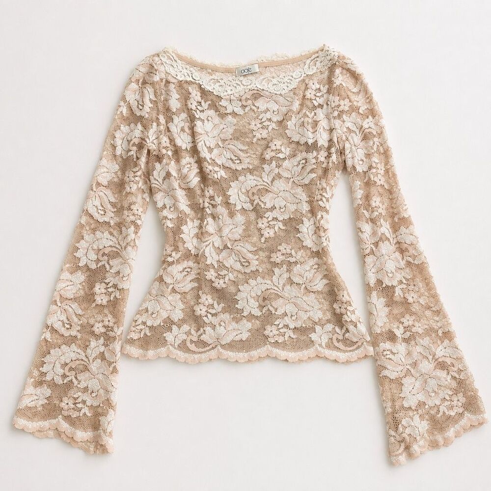 Cache Pink Ivory Floral Lace Sheer Long Sleeve Top Y2K Romantic Bell Sleeve